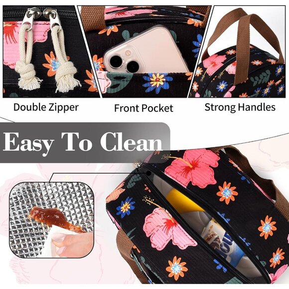 Cute Corduroy Lunch Box for Women & Teens, Insulated Flower Tote for Work - Picture 6 of 8